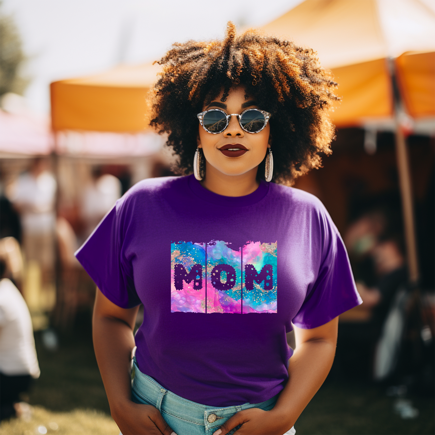 Tropical MOM Brush Stroke Tee Shirt - Blue/Purple