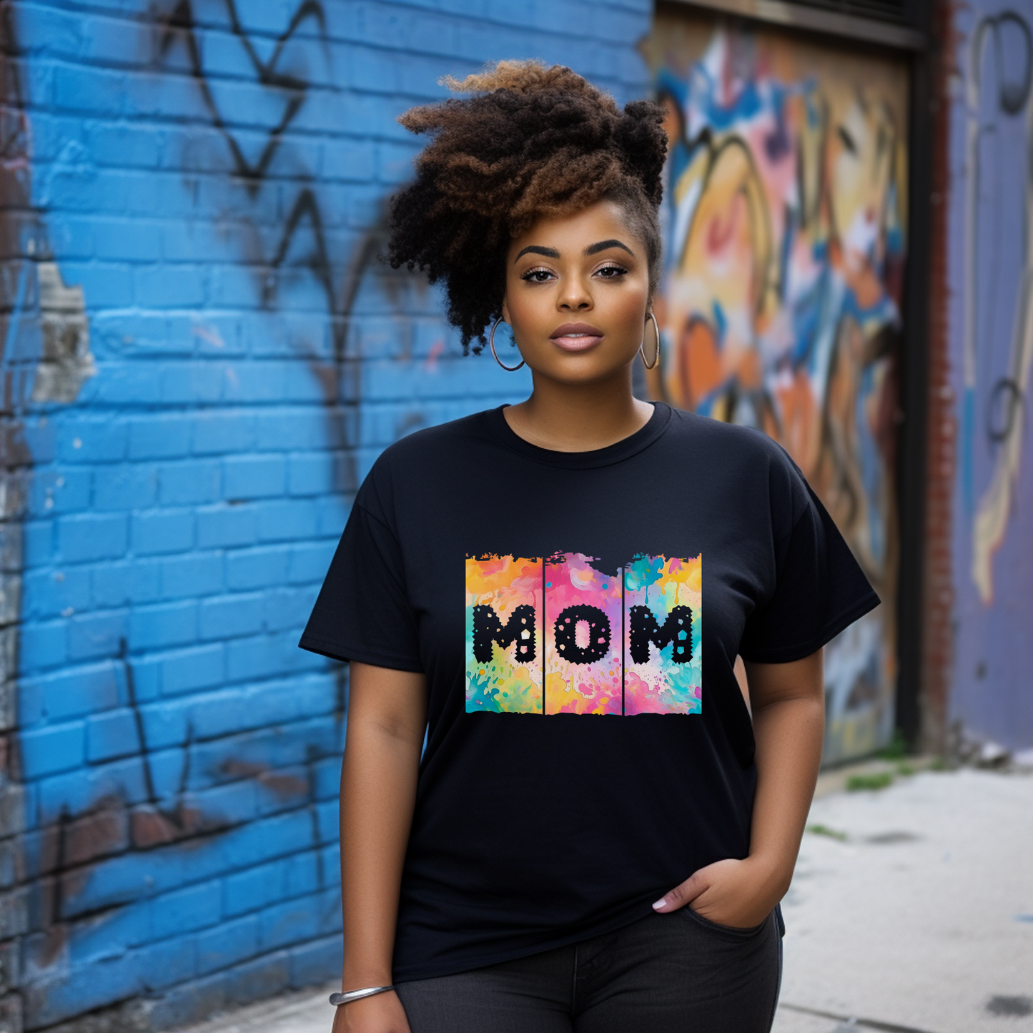Tropical MOM Brush Stroke Tee Shirt - Orange/Pink